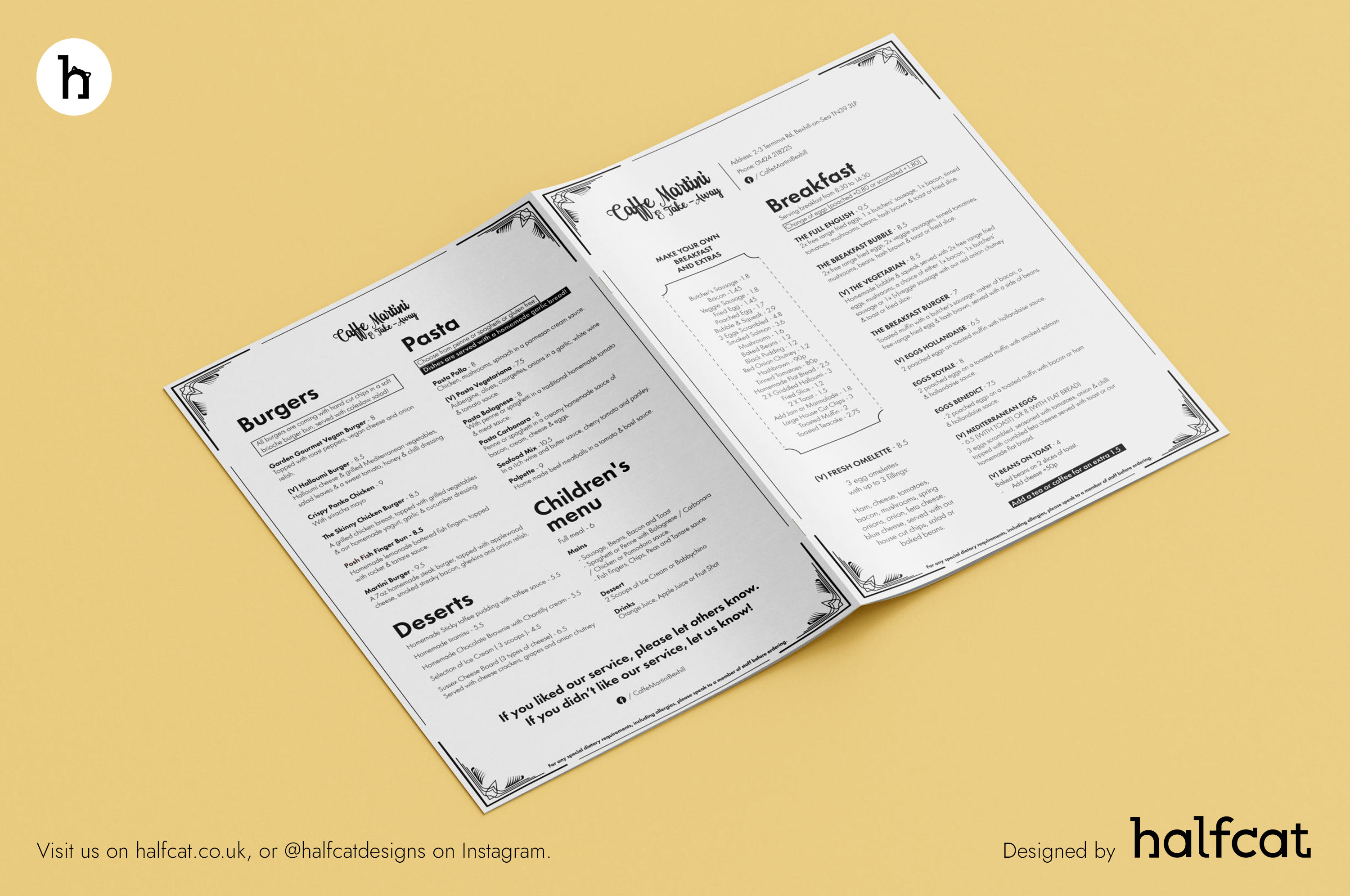 Multipage Cafe Menu Design for Cafe Martini in Bexhill, East Sussex, UK by Halfcat Design Services