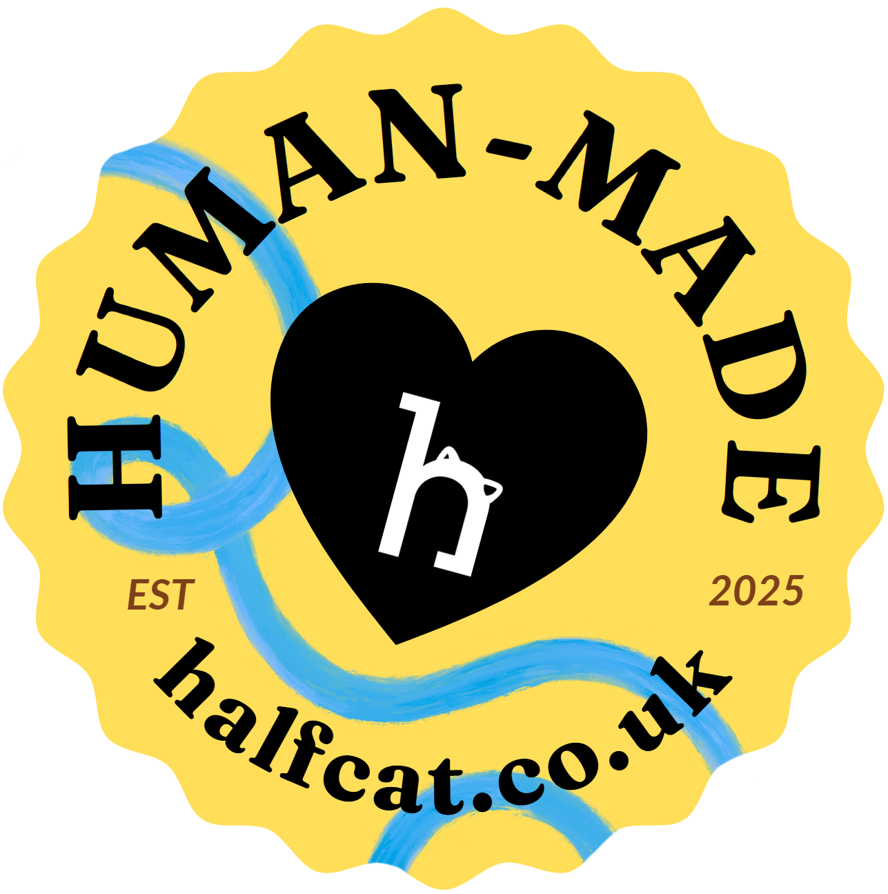 BadgeYellowHumanMadehalfcatwebsite.webp